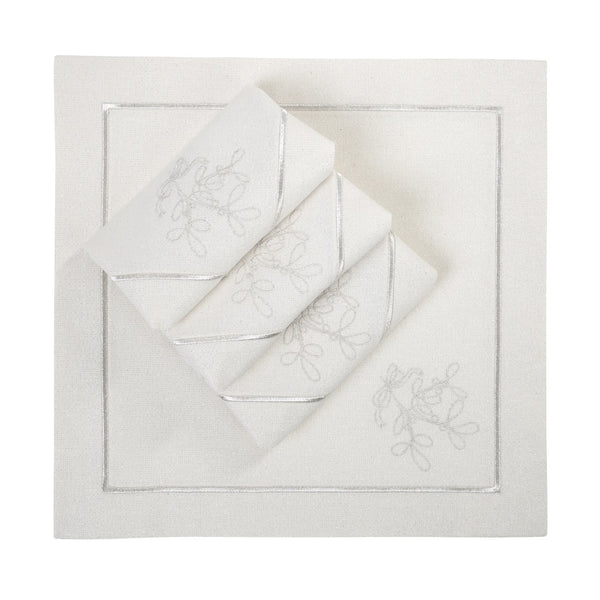 Folded napkin on a white background, showcasing the light grey fabric and embroidered mistletoe motif.