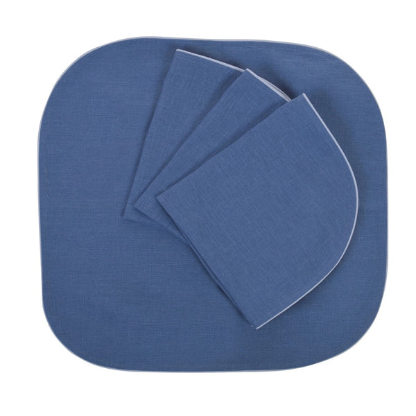 Set of six Royal Blue linen napkins with blue piping shown flat on white background