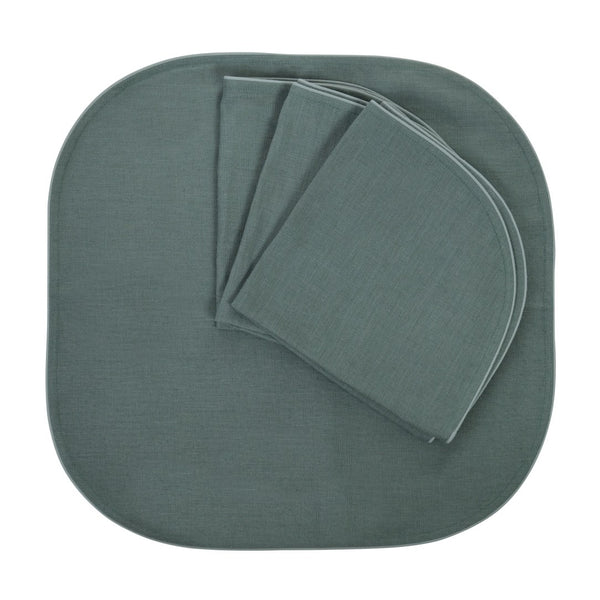 Folded Royal Green linen napkins with piped edge on white background, soldby Amiramour.