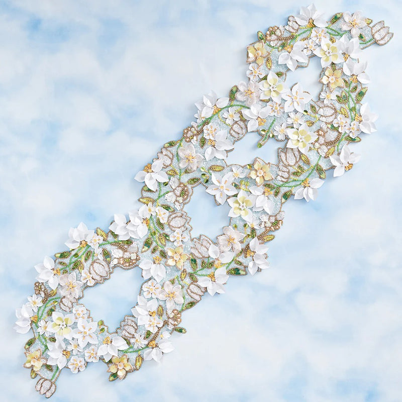 'Gardenia' Table Runner in Sky, White & Yellow by Kim Seybert