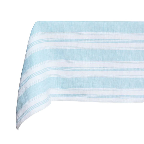 Riva Collection 100% Linen Tablecloth With White and Turquoise Irregular Stripes, Size 160cm X 260cm ( 63inch x 103inch) by Giardino Segreto