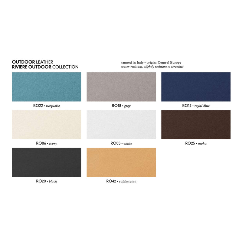 Color swatches for Riviere outdoor leather collection with labels and descriptions.