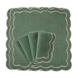 Folded Green Petali napkin with wave-shaped border on white background, sold at Amiramour.