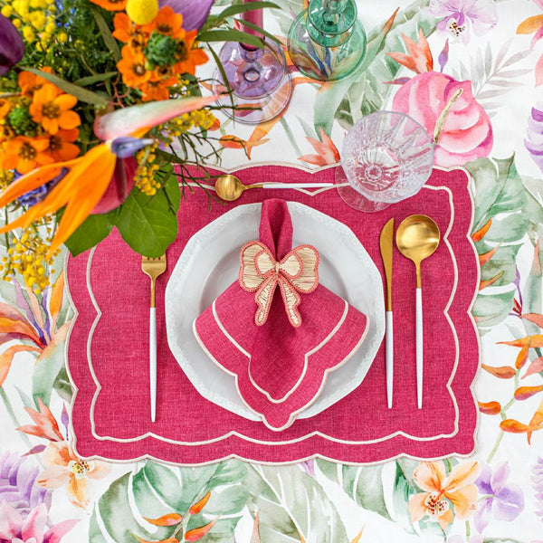 Magenta cotton napkins by Roseberry Home on matching placemat, sold at Amiramour.