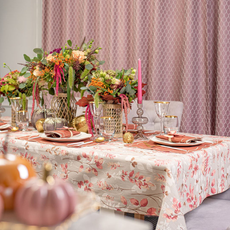 Rust Onde embroidered cotton napkins by Roseberry Home, styled on a fall table setting.