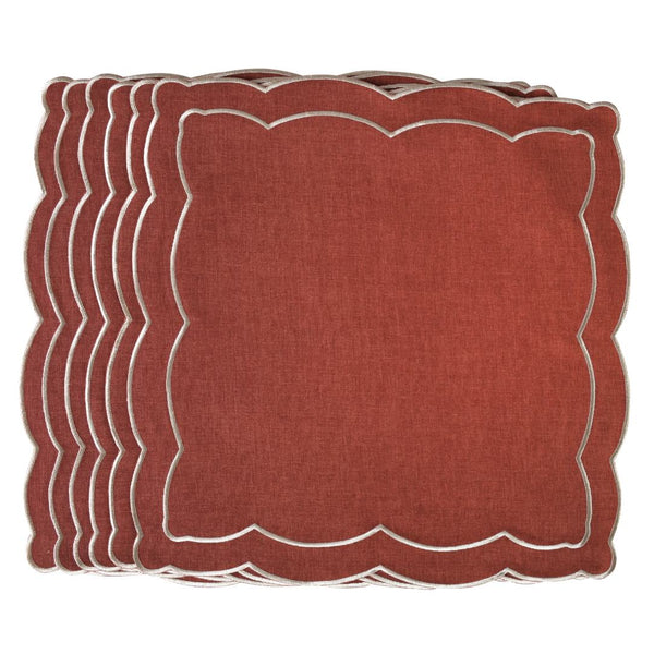 Set of 6 Rust Onde embroidered cotton napkins by Roseberry Home, on white background.