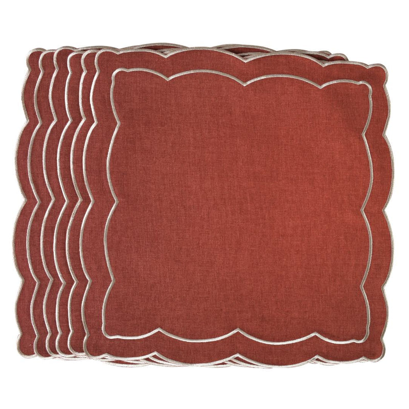 Set of 6 Rust Onde embroidered cotton napkins by Roseberry Home, on white background.