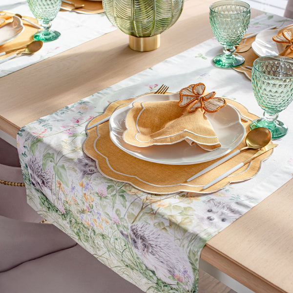 Styled Yellow Petali napkins with yellow petali placemat on a summer tablescape, sold by Amiramour