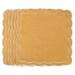 Set of six Yellow Petali embroidered napkins with wave border on white background, sold by Amiramour