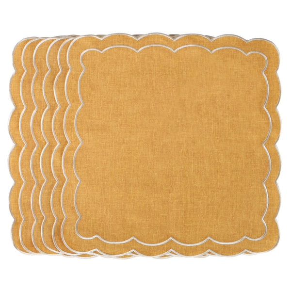 Set of six Yellow Petali embroidered napkins with wave border on white background, sold by Amiramour