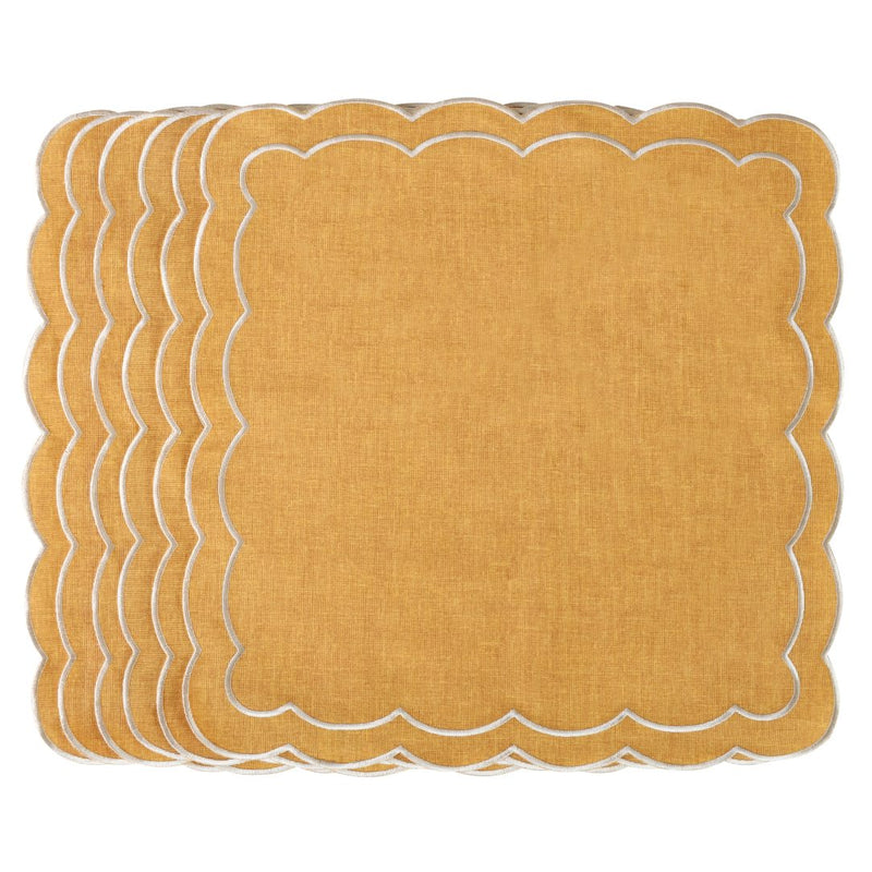 Set of six Yellow Petali embroidered napkins with wave border on white background, sold by Amiramour