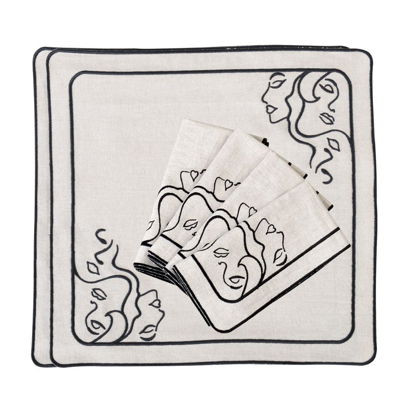 Venus embroidered napkins with black embroidered accents by Roseberry Home folded