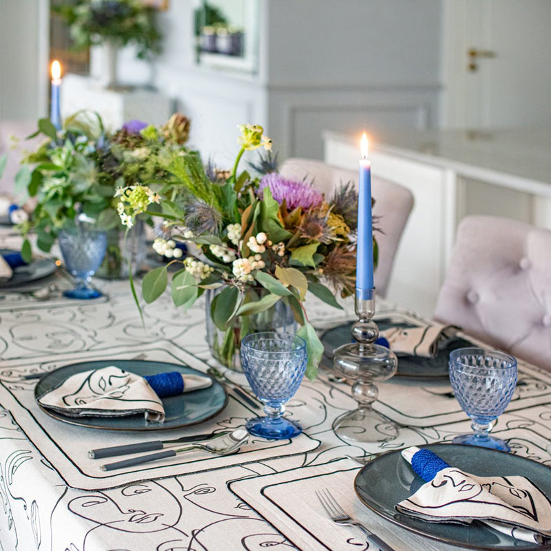 Venus embroidered napkins with black embroidered accents by Roseberry Home styled side view