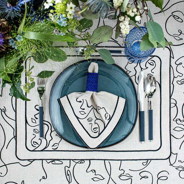 Venus embroidered napkins with black embroidered accents by Roseberry Home styled top view