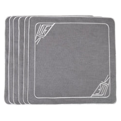 Set of six Infinity embroidered grey linen napkins by Roseberry Home on white background.