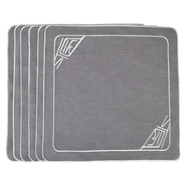 Set of six Infinity embroidered grey linen napkins by Roseberry Home on white background.