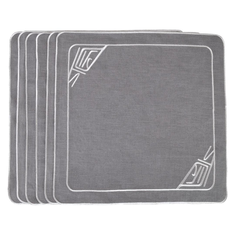 Set of six Infinity embroidered grey linen napkins by Roseberry Home on white background.