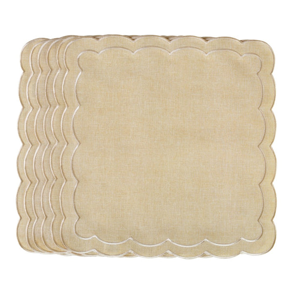 Set of six Beige Petali embroidered napkins with wave border arranged neatly on a white background.