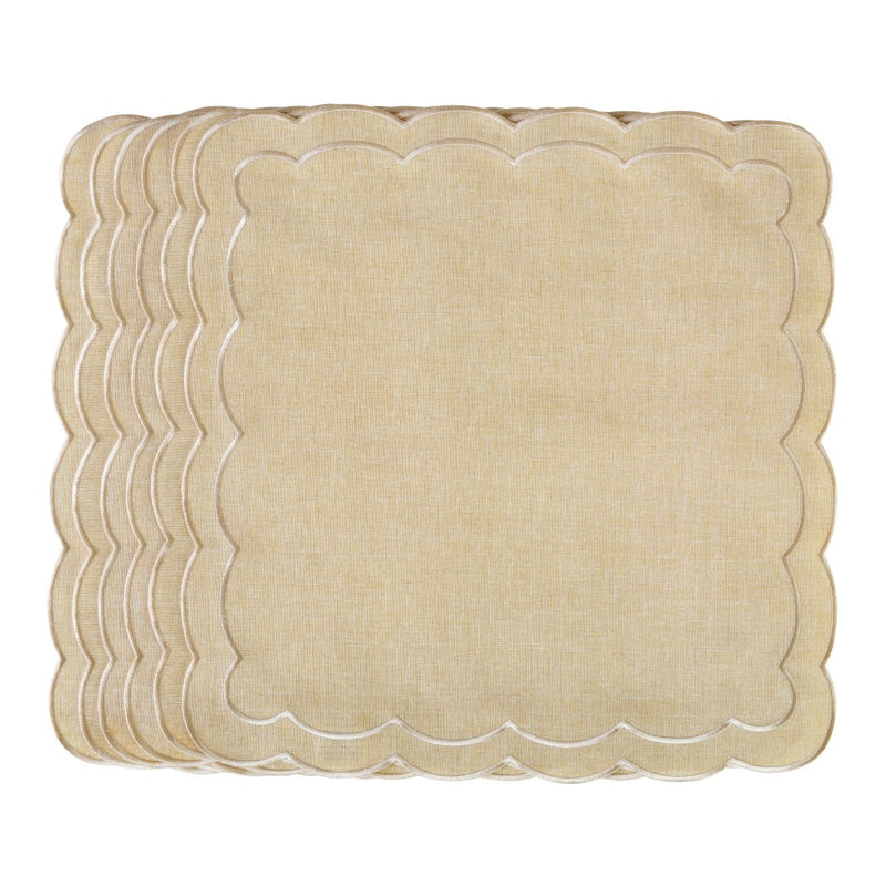 Set of six Beige Petali embroidered napkins with wave border arranged neatly on a white background.