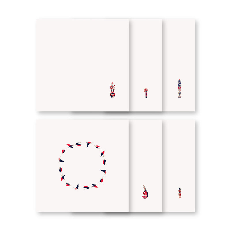 Set of 6 assorted Baba a la Grenade napkins in red and blue on white background different prints, Amiramour