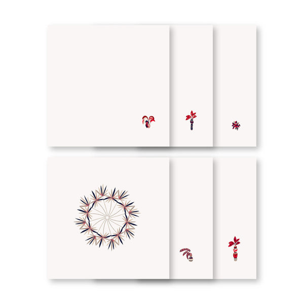 Set of 6 assorted Baba a la Grenade napkins in red and blue on white background, Alto Duo, Amiramour