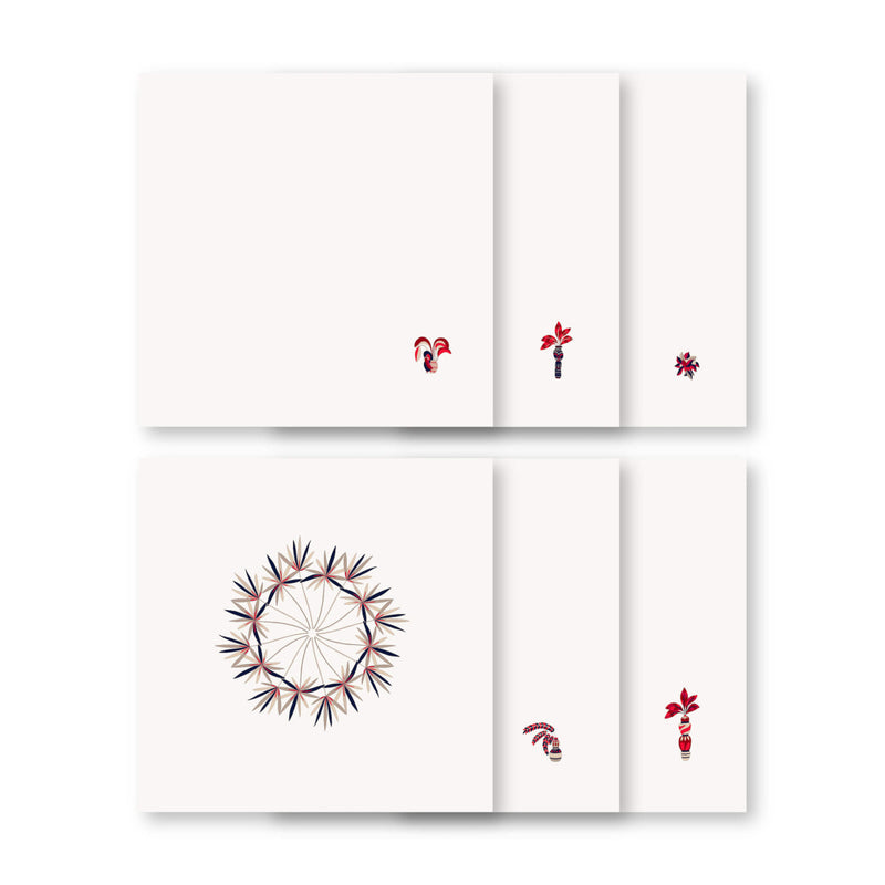 Set of 6 assorted Baba a la Grenade napkins in red and blue on white background, Alto Duo, Amiramour