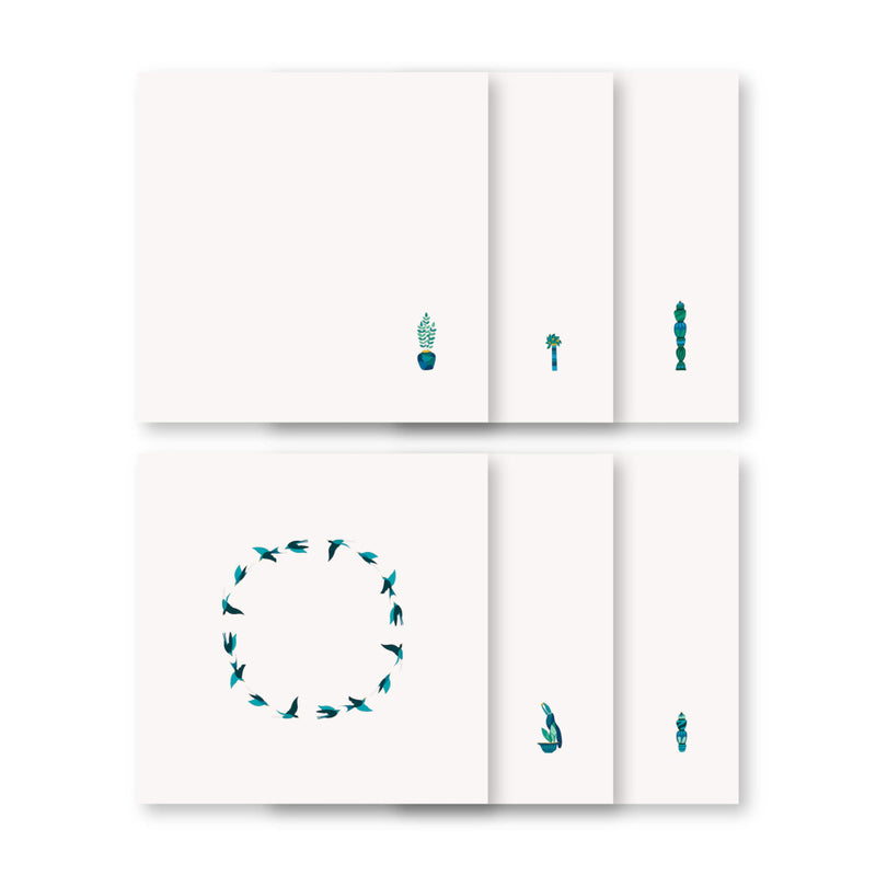 Set of 6 assorted Baba a la Grenade napkins in green and blue on white background different prints, Amiramour