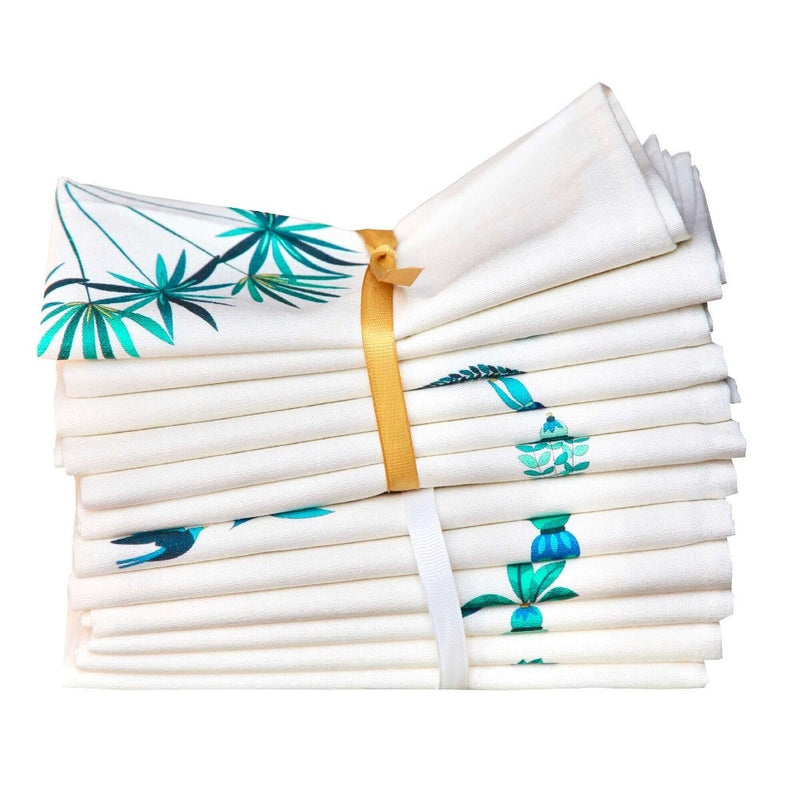 Two sets of 6 assorted Baba a la Grenade napkins in green and blue on white background, Alto Duo, Amiramour