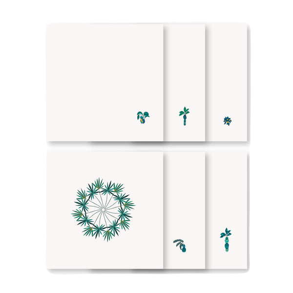 Set of 6 assorted Baba a la Grenade napkins in green and blue on white background, Alto Duo, Amiramour