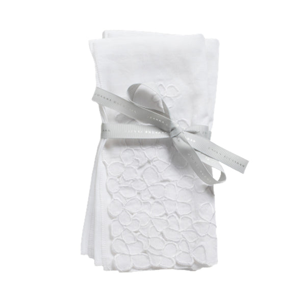 White linen napkin with embroidered hydrangea by Joanna Buchanan in set of two