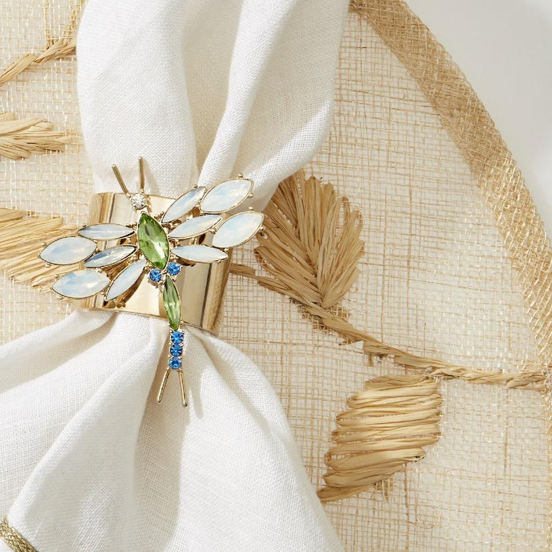 Opal glass Dragonfly Napkin Ring by Joanna Buchanan styled on a white napkin