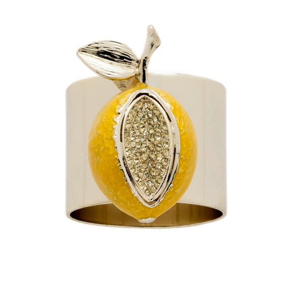 Lemon Napkin Ring by Joanna Buchanan on white background, featuring crystal detailing and bright yellow enamel fruit