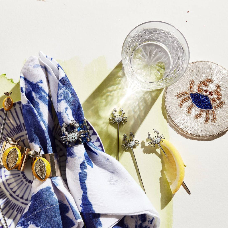 Lemon Napkin Ring by Joanna Buchanan on navy and white watercolor napkin, styled with matching lemon-themed table décor