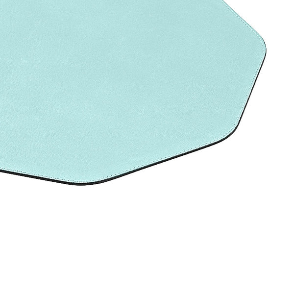 Octagonal leather placemat in tuquoise with stitched border by Giobagnara close-up.