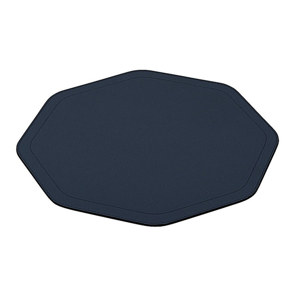 Octagonal leather placemat in navy blue with double stitching by Giobagnara.