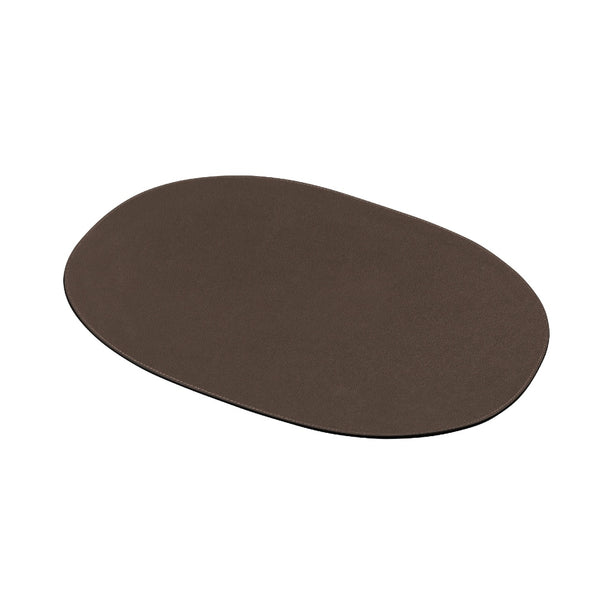 Oval leather placemat in dark brown with single-stitch detail by Giobagnara.