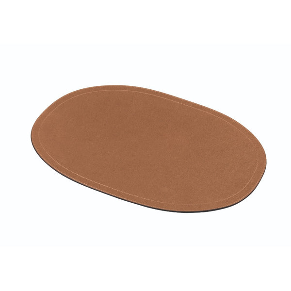 Oval leather double-stitch placemat in tan brown by Giobagnara.