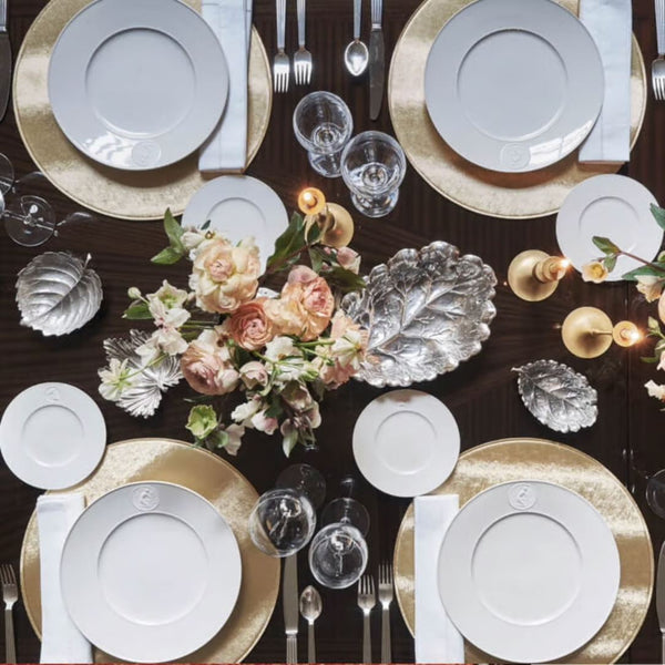 Reversible faux leather placemat in rose gold and bronze styled on luxury fall tablescape.