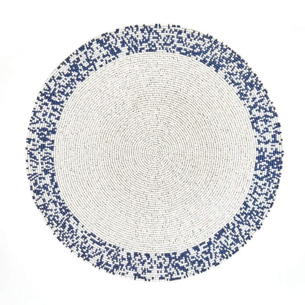 Hand-beaded placemat in navy and white beads by Von Gern Home.