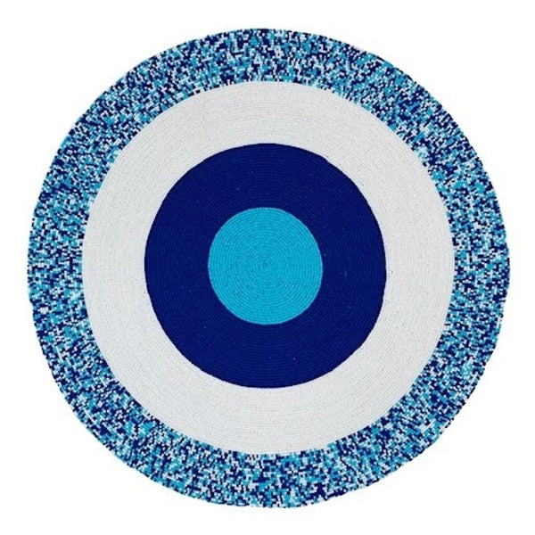 Blue hand-beaded placemat with geometric circle pattern by Von Gern Home.