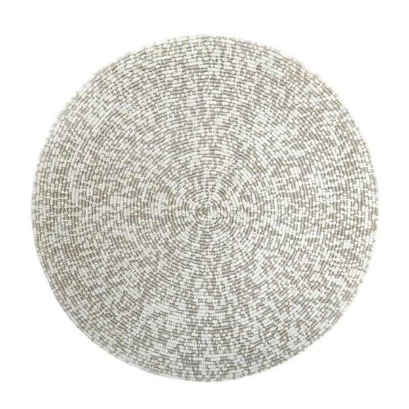 Speckle decorative mat with silver and white hand-beaded design.