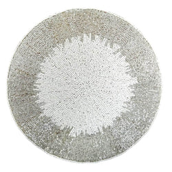 Celebration placemat with silver beaded border and white center.