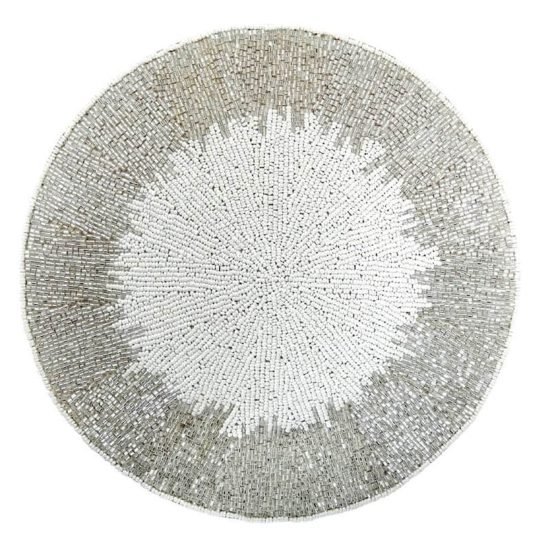 Celebration placemat with silver beaded border and white center.