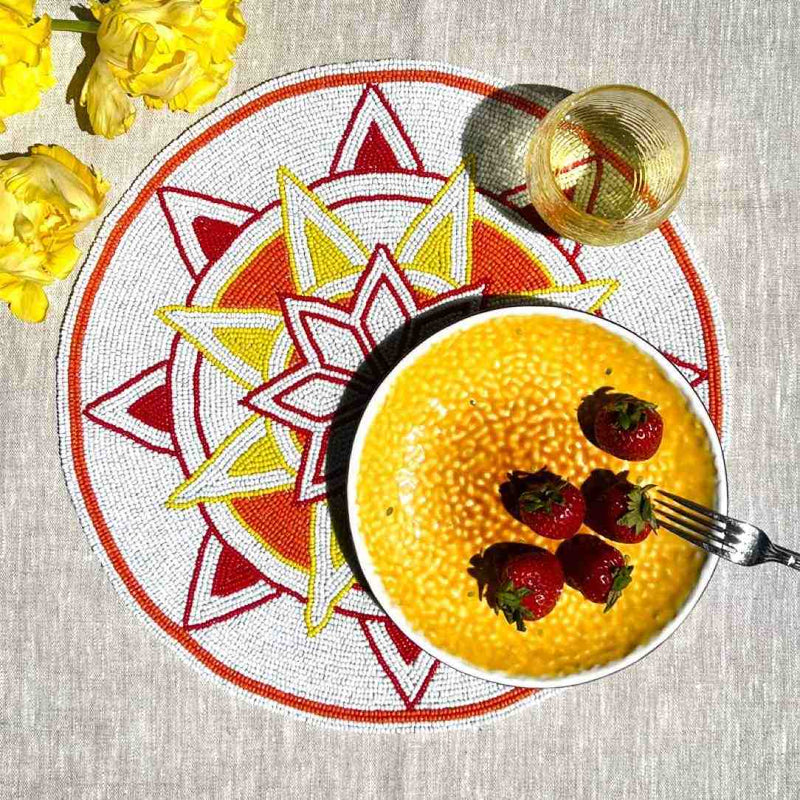 Ibiza hand-beaded placemat by Von Gern Home summer table setting.