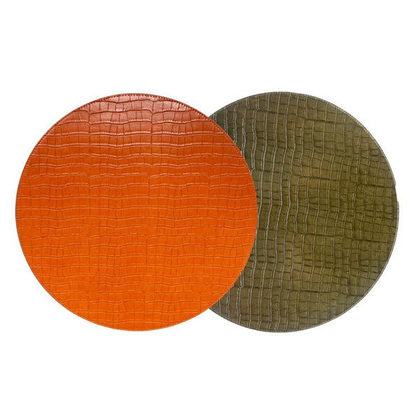 Croco reversible placemat in orange and moss green faux leather by Von Gern Home.