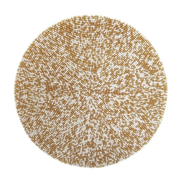 Gold and white Speckle hand-beaded decorative mat by Von Gern Home.