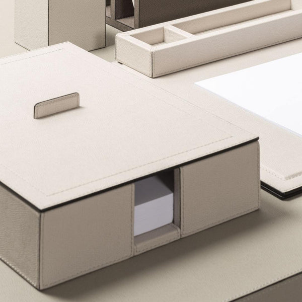 Close-up of Giobagnara golf leather A4 paper tray holder with lid and side opening