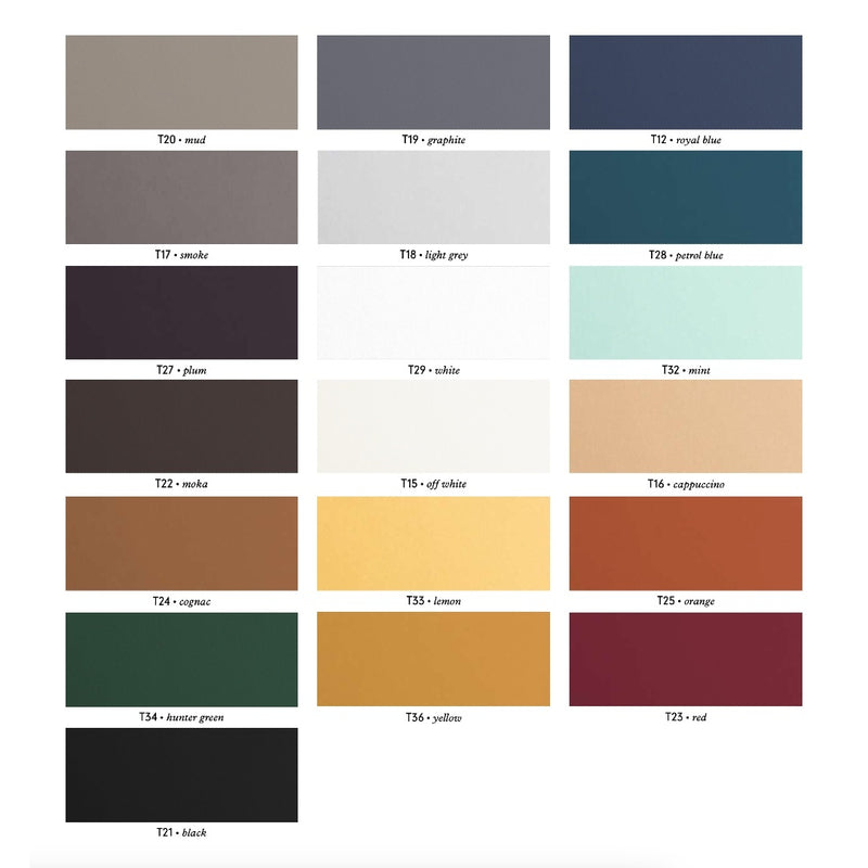 Color swatch chart with various color names and codes