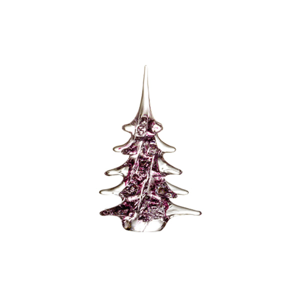A decorative Christmas tree made of glass with pink crystal elements on a white background.
