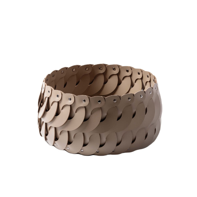 Alicante small round storage basket in taupe regenerated leather with interlocking S-shaped design by Pinetti